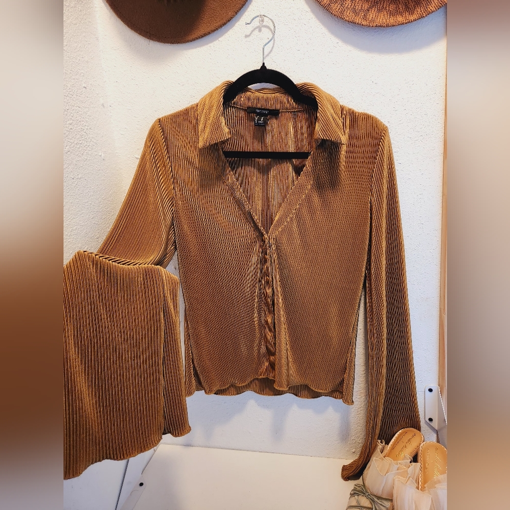 Women's Deep V-Neck Button Front Bell Long Sleeve Blouse Shirt Brown (Size M)